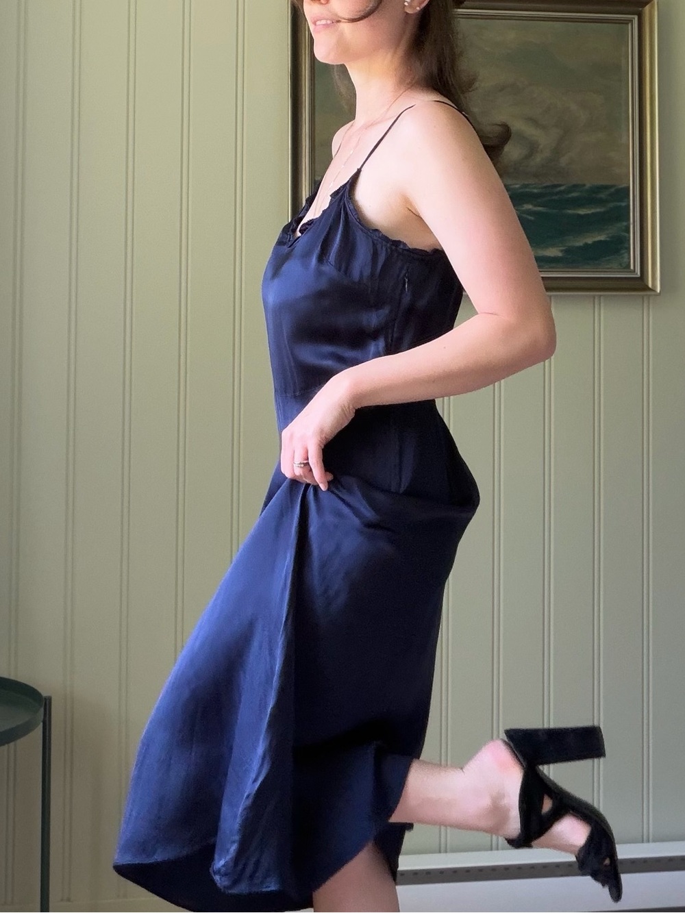 Wilfred Navy Satin Slip with Lace Trim